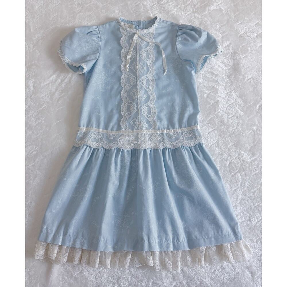 Vintage Gunne Sax Jessica McClintock Little Girl Size 6 Blue Drop Waist Dress